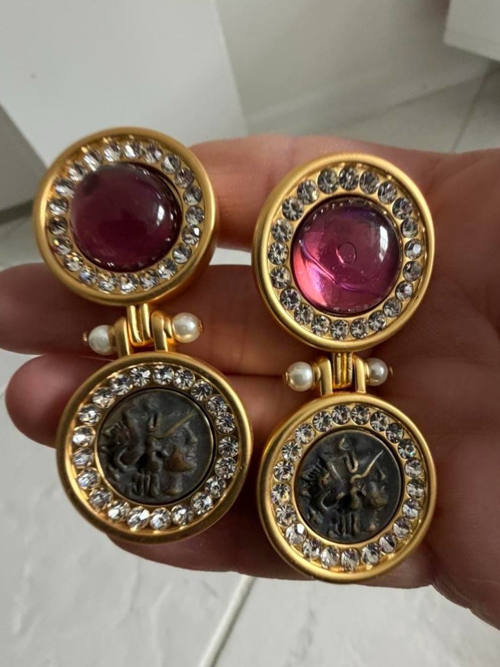 Vintage Gold-Tone Pink Cabochon and Coin Drop Earrings